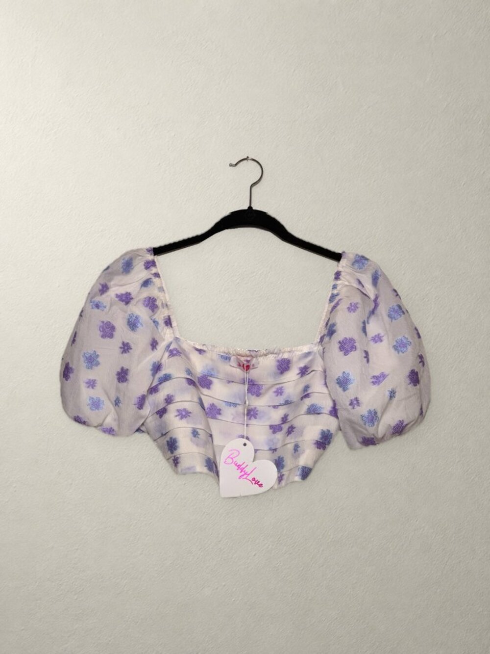 NWT BuddyLove Lilac Floral Organza Puff Sleeve Smocked Crop Top Boutique Size S